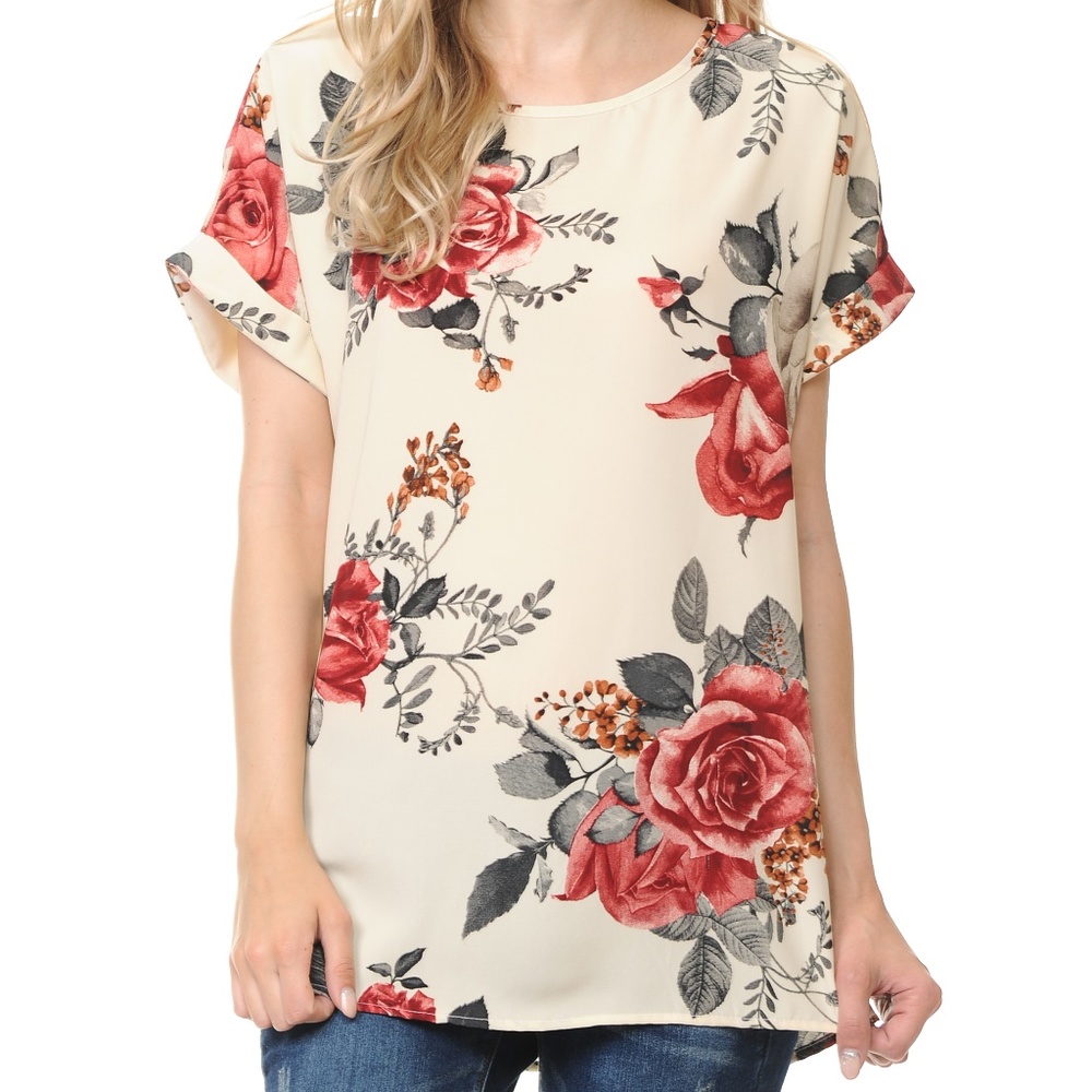 Floral Print Short Sleeve Cream Tunic
